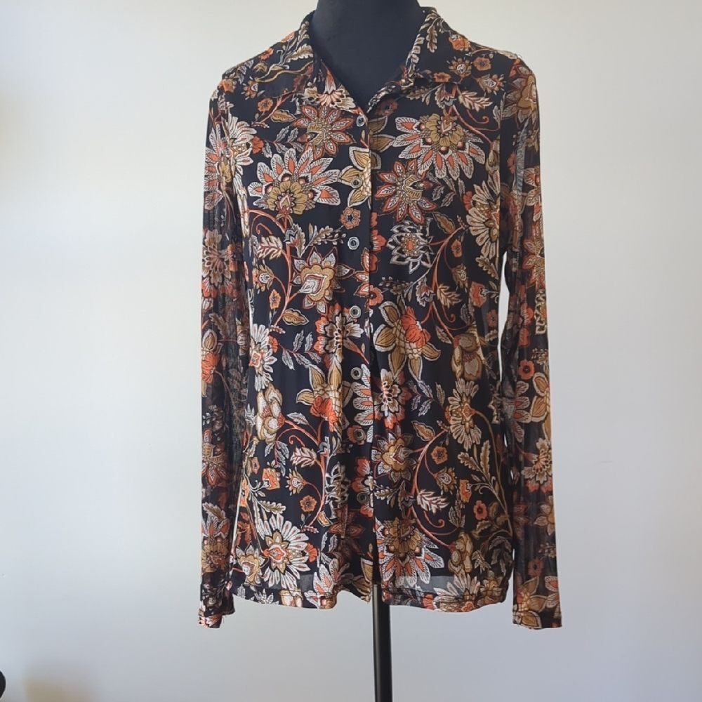 Floral Sheet Long Sleeve Women's Top Size M